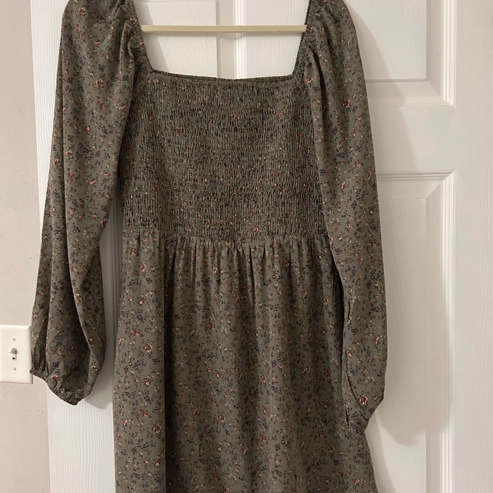 Paper Crane Olive Floral Smocked Bodice Long Sleeve Mini Dress